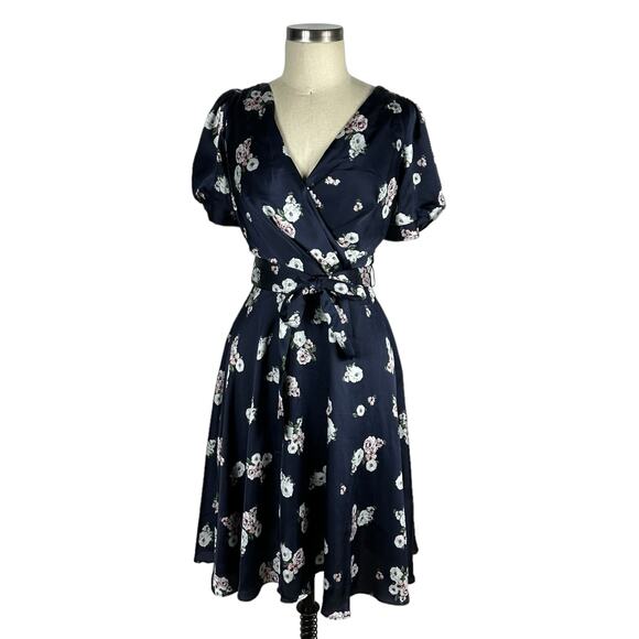 DKNY Navy Blue Floral Satin Midi Surplice V-Neck Dress Belted Women's Size 4 NWT - Picture 1 of 8